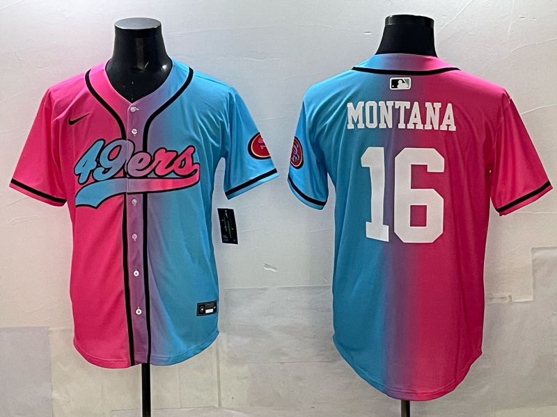 Men 2025 San Francisco 49ers #16 Montana Pink Blue Nike Limited NFL Jersey 01